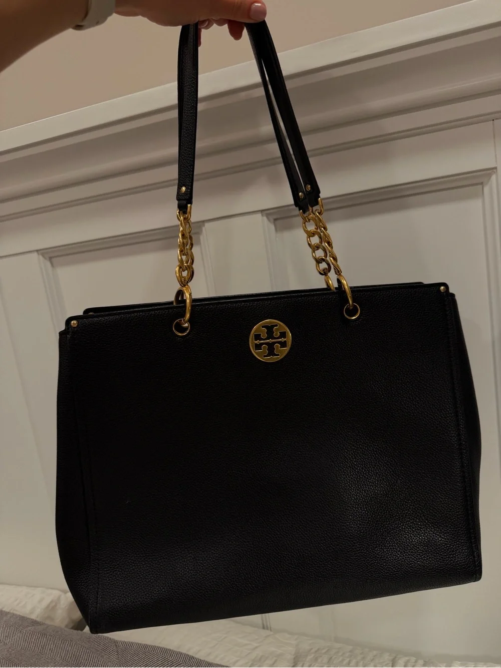 Tory Burch Black Pebbled Leather Tote with Gold Chain Detail